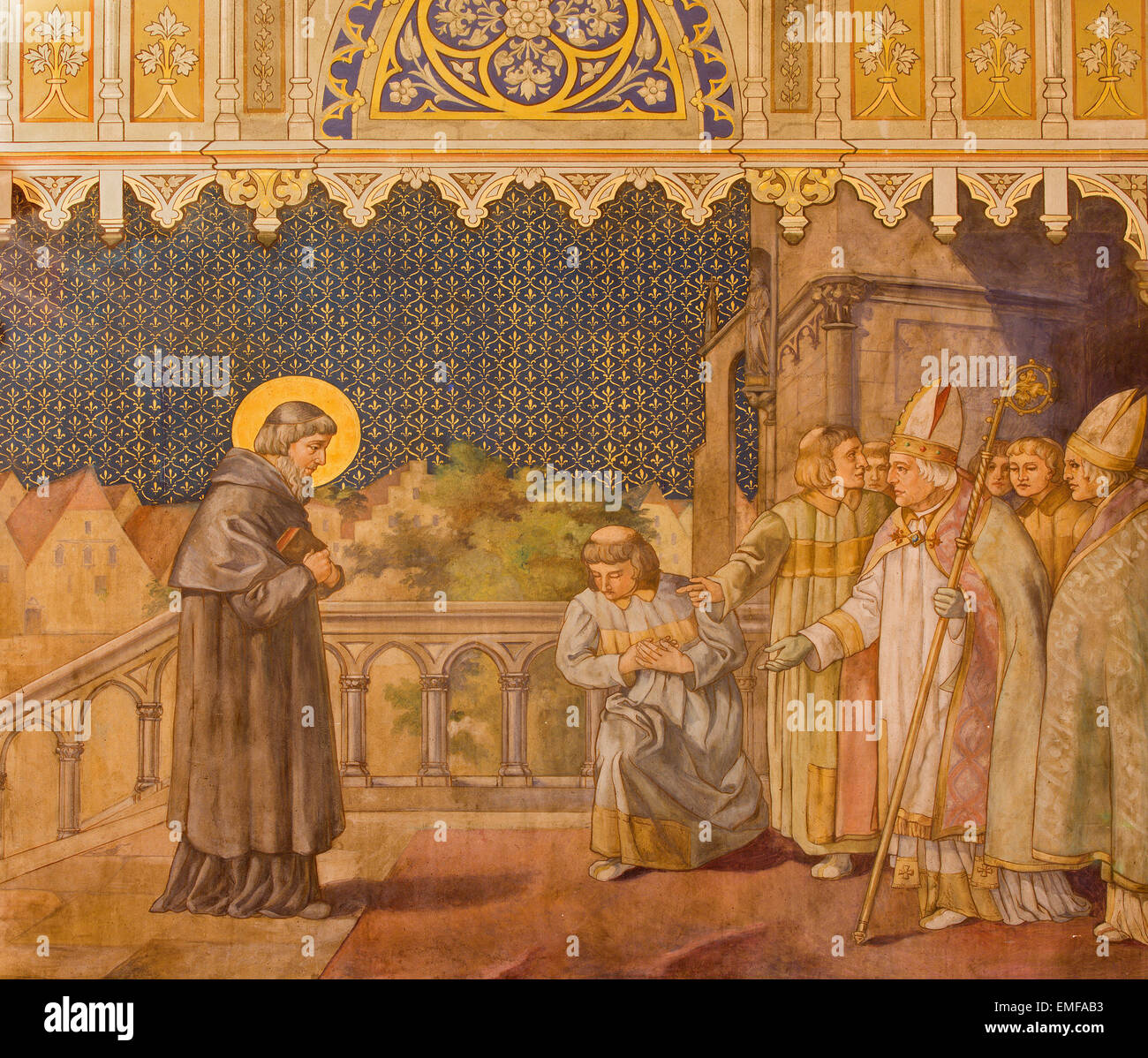Trnava - la fresque des scènes de st. Nicholas vivre par Leopold Bruckner (1905 - 1906) dans l'église Saint-Nicolas. Banque D'Images