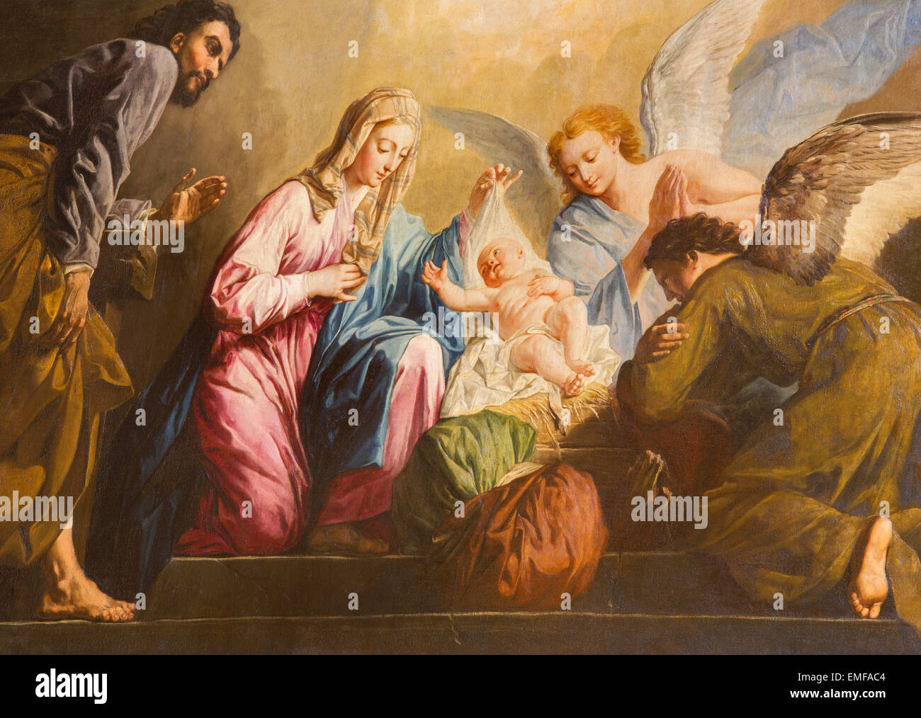 Vienne, Autriche - 17 décembre 2014 : La Nativité peinture dans Salesianerkirche presbytère de l'église par Giovanni Antonio Pellegrini Banque D'Images