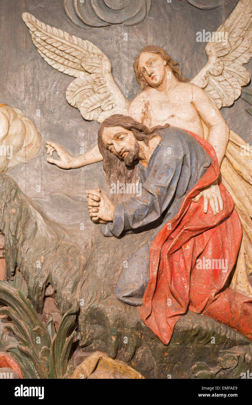 Stivnica - Banska sculpté le relief de la prière de Jésus à Gethsémané jardin comme la partie de Calvaire baroque Banque D'Images