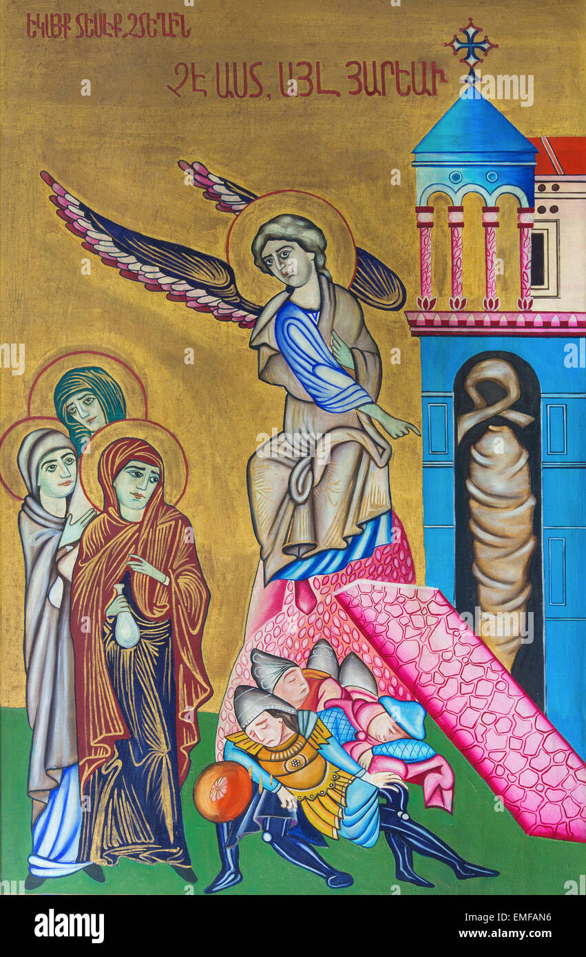 Jérusalem, Israël - 3 mars 2015 : l'icône de la résurrection de l'église du Saint Sépulcre, artiste inconnu. Banque D'Images