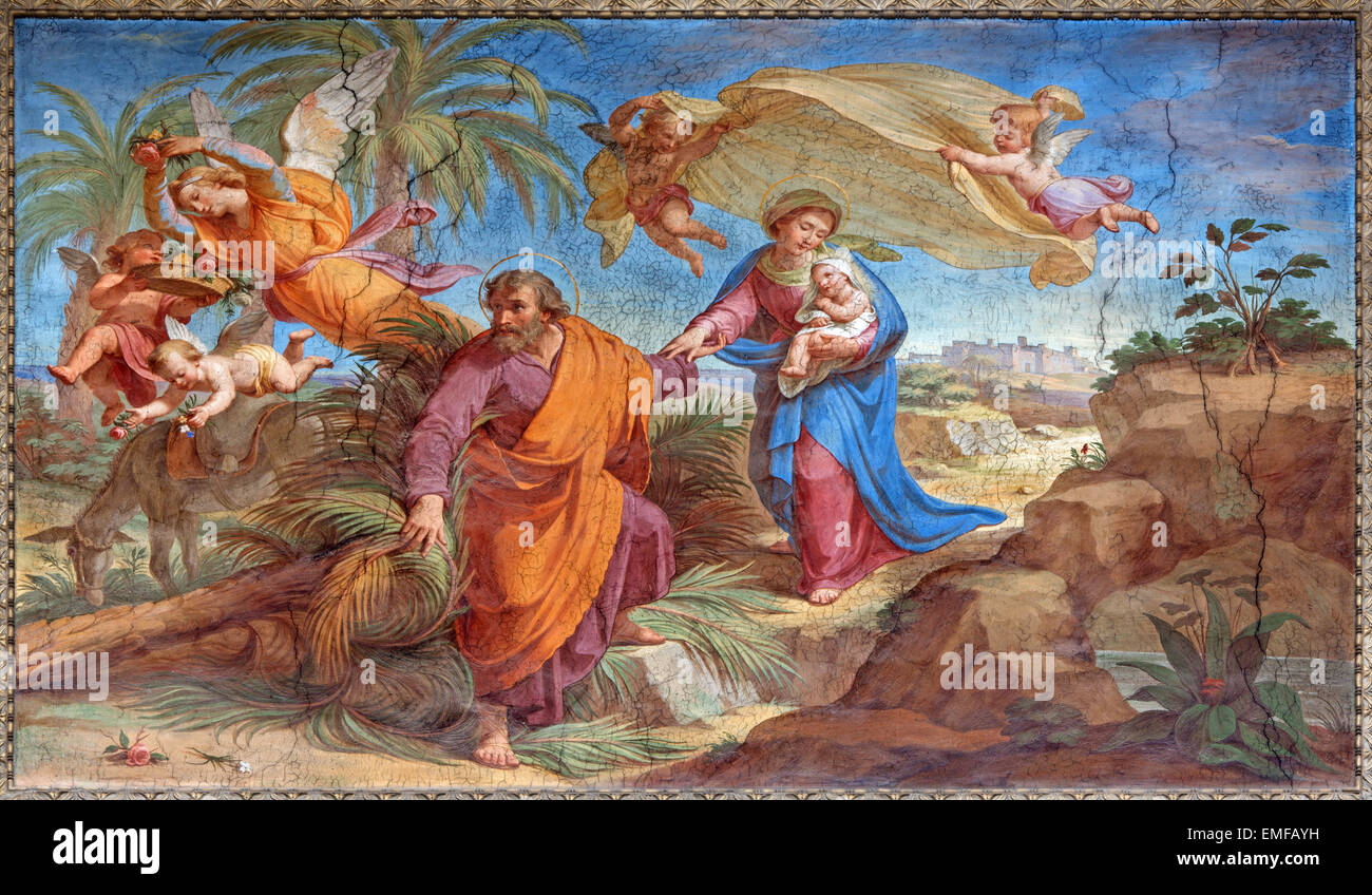 ROME, ITALIE - 27 mars 2015 : la fuite en Egypte fresque de la Basilique di Sant'Agostino (Augustin) par Pietro Gagliardi Banque D'Images ROME, ITALIE - 27 mars 2015 : la fuite en Egypte fresque de la Basilique di Sant'Agostino (Augustin) par Pietro Gagliardi Banque D'Images