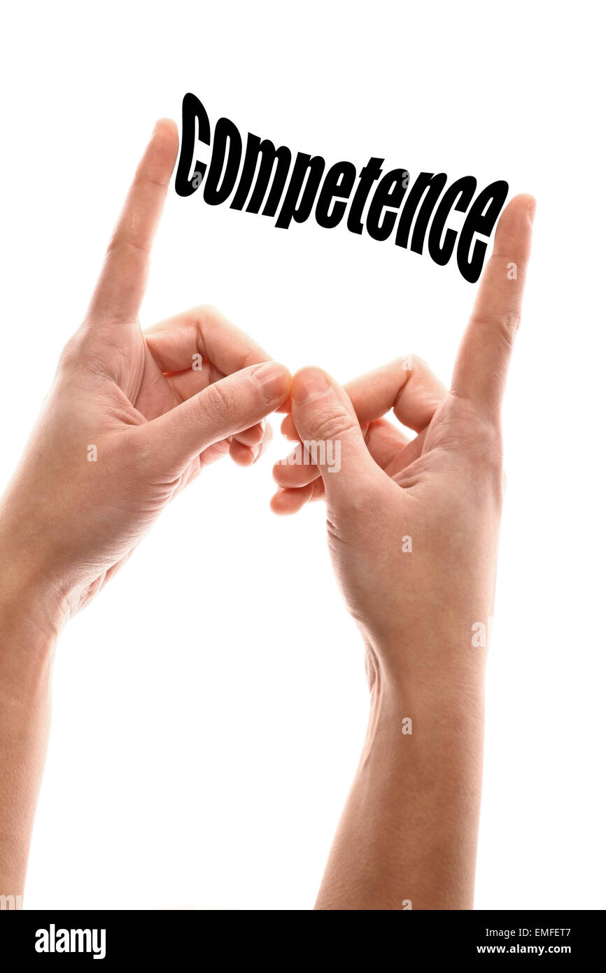 Vertical couleur tourné de deux mains serrant le mot "compétence". Banque D'Images