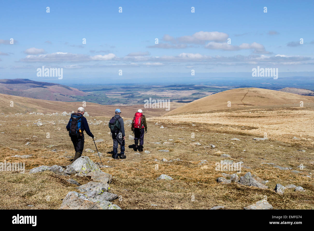 3 marcheurs de quitter la colline de pierres blanches et de marcher vers le Nord, en direction de Hartside est tombé sur un jour de printemps ensoleillé Cumbria Lake District U Banque D'Images