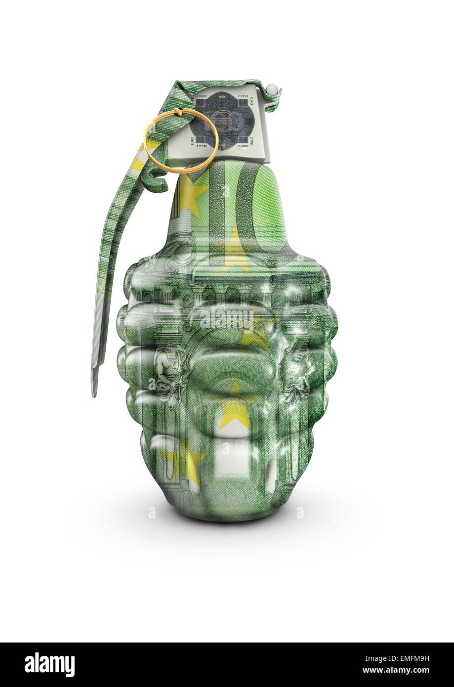 Le rendu 3D de grenade à main décoré avec des centaines d'euro note Banque D'Images