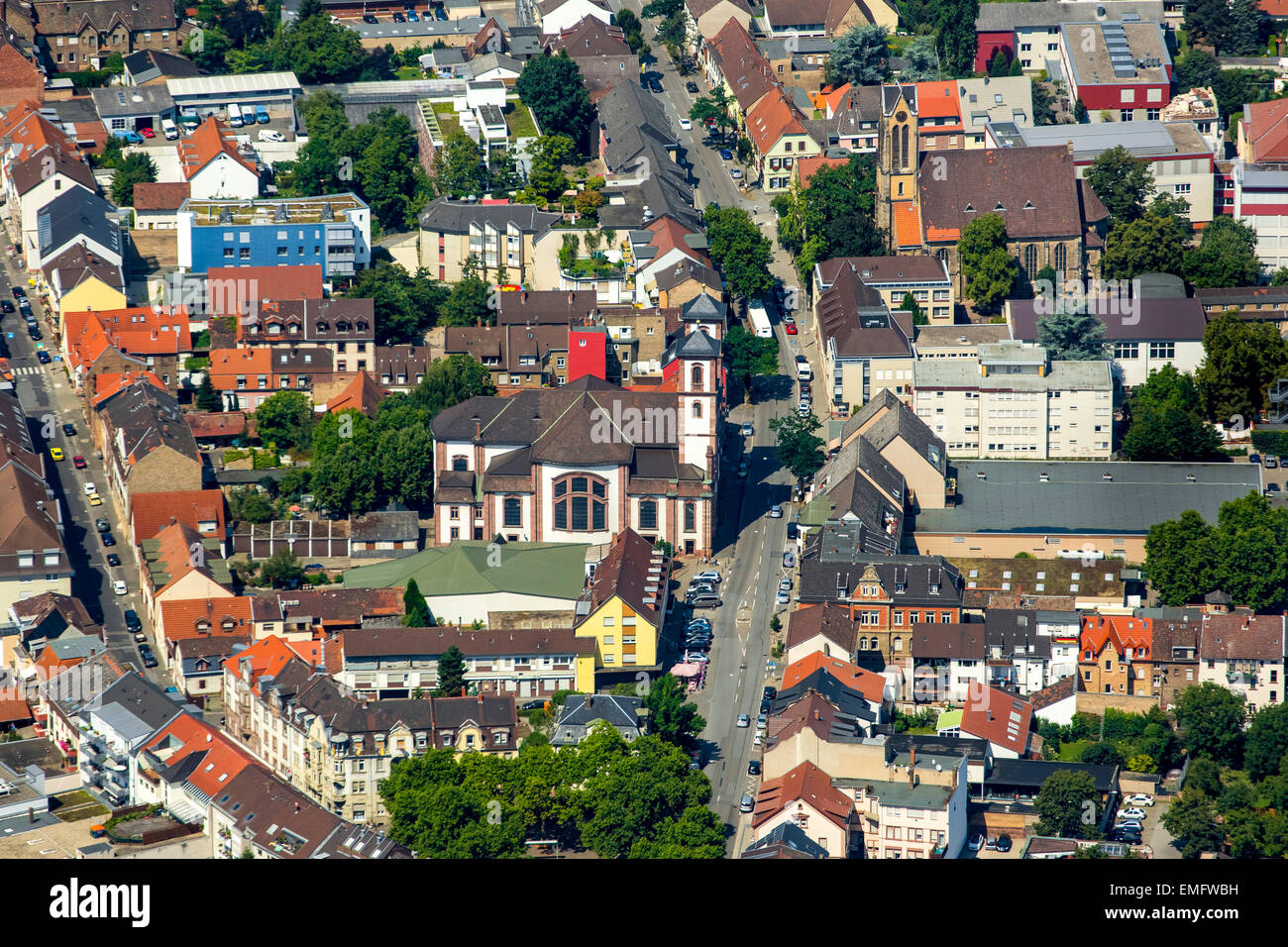 Vue aérienne du quartier de Neckarau, Mannheim, Bade-Wurtemberg, Allemagne Banque D'Images