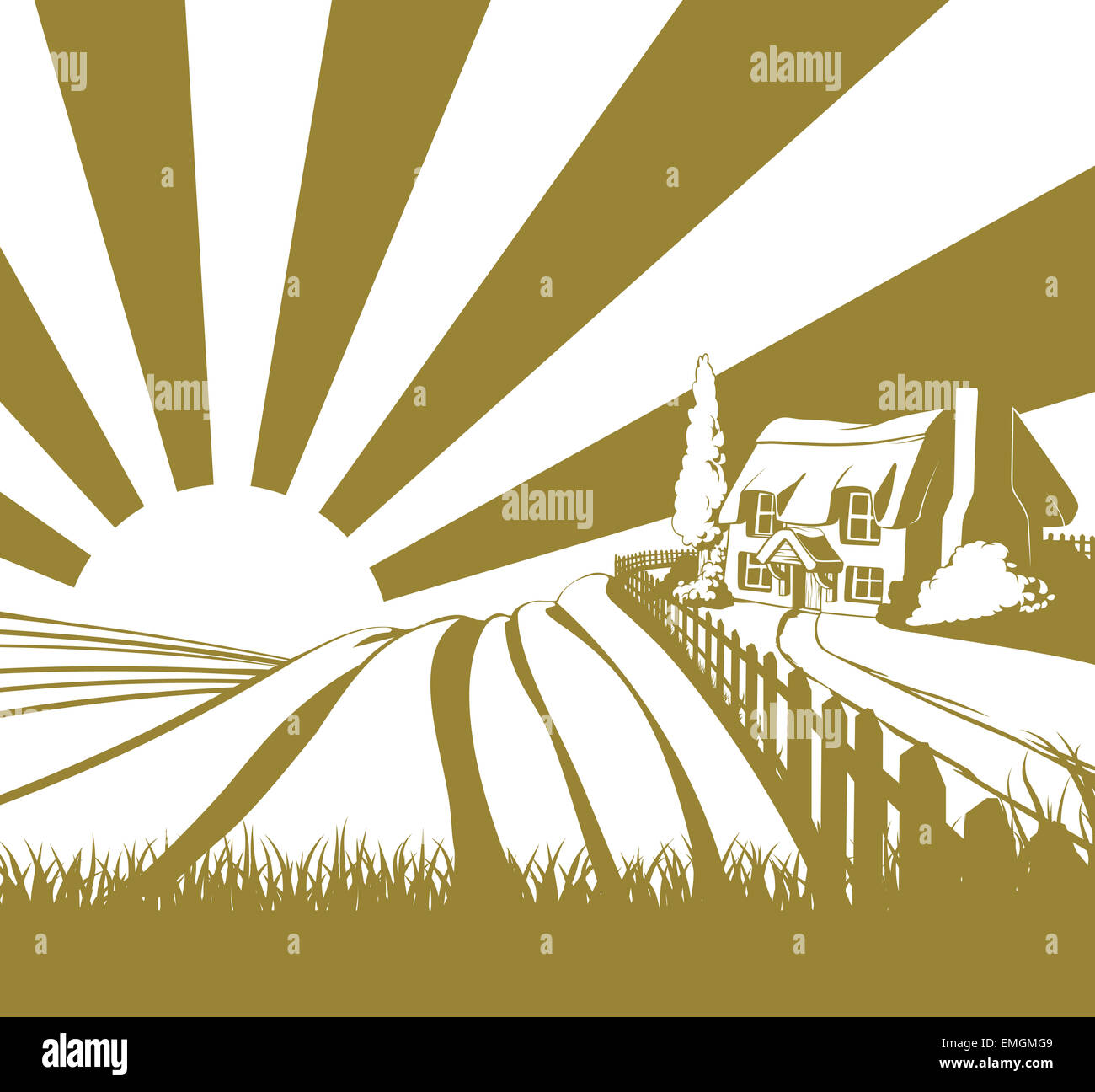 Thatched cottage farm field concept illustration paysage avec ses collines et le lever du soleil Banque D'Images