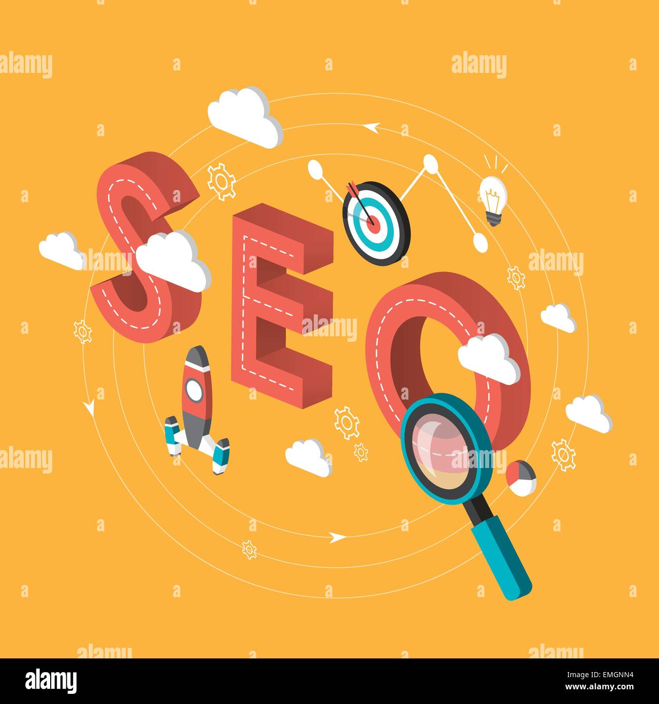 Concept SEO infographie 3D isométrique sur fond jaune Illustration de Vecteur