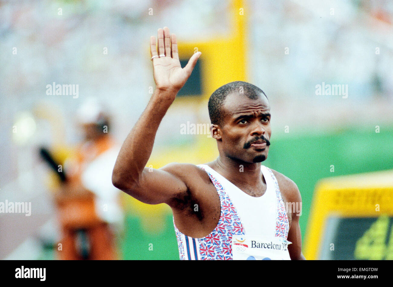 Jeux Olympiques de 1992 à Barcelone, Espagne. Mens 400 mètres haies. La Grande-Bretagne Kriss Akabusi. 2 août 1992. Banque D'Images