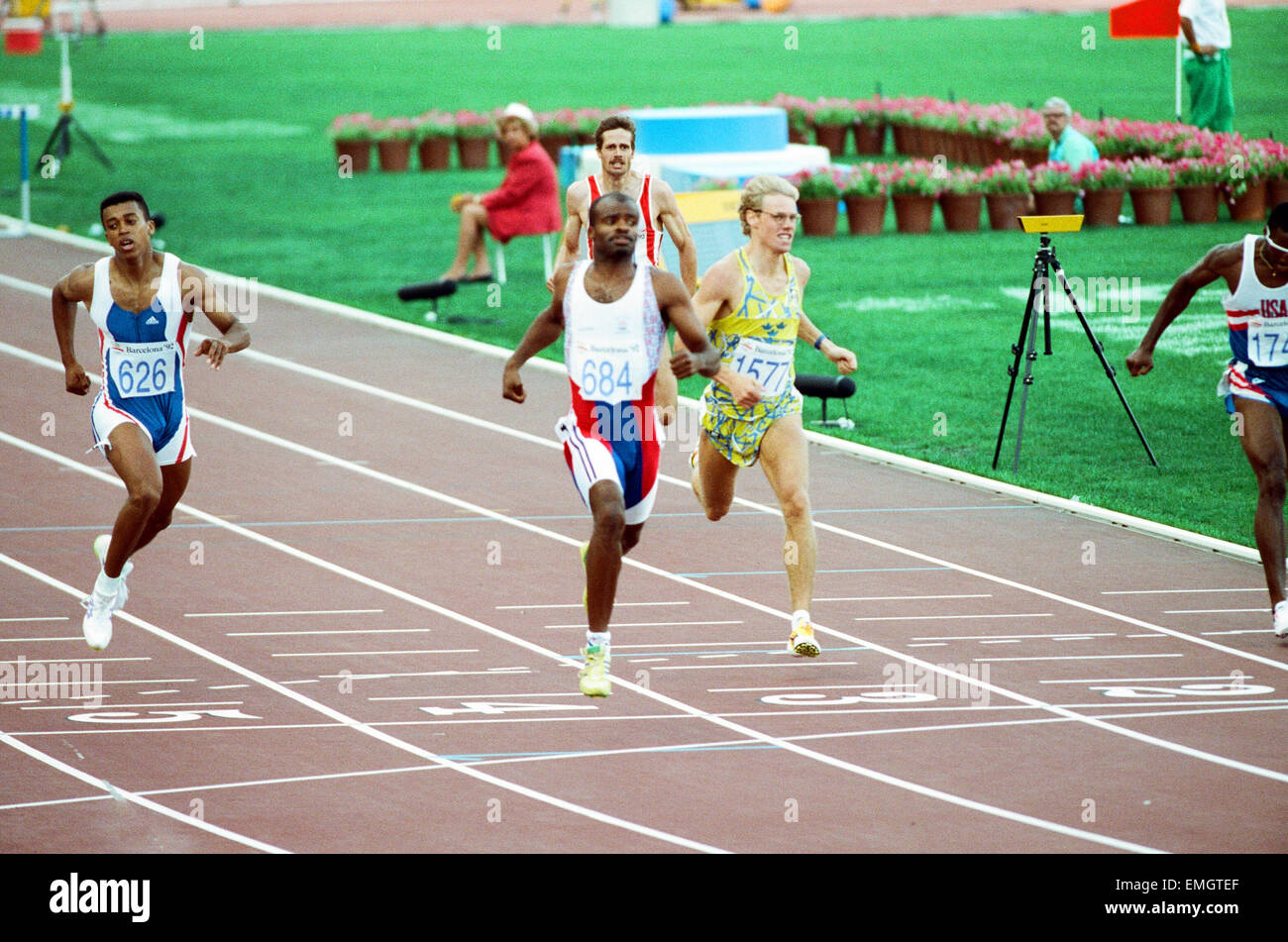 Jeux Olympiques de 1992 à Barcelone, Espagne. Mens 400 mètres haies. La Grande-Bretagne Kriss Akabusi. 2 août 1992. Banque D'Images