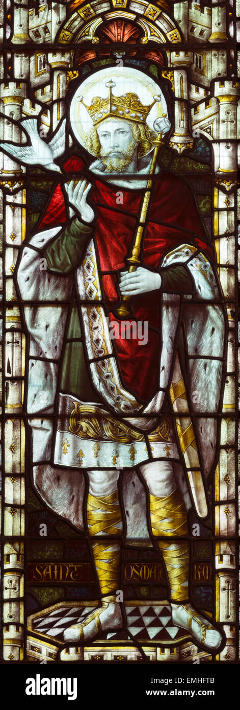 Saint Oswald, roi de Northumbrie, représentés dans les vitraux, l'église St Oswald, Grasmere, Cumbria, England, UK Banque D'Images