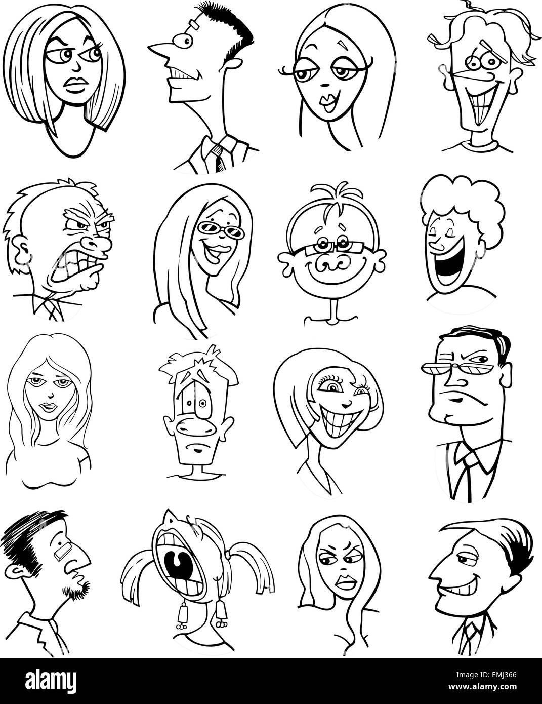 Illustration Cartoon noir et blanc de gens ensemble Visages Personnages Illustration de Vecteur