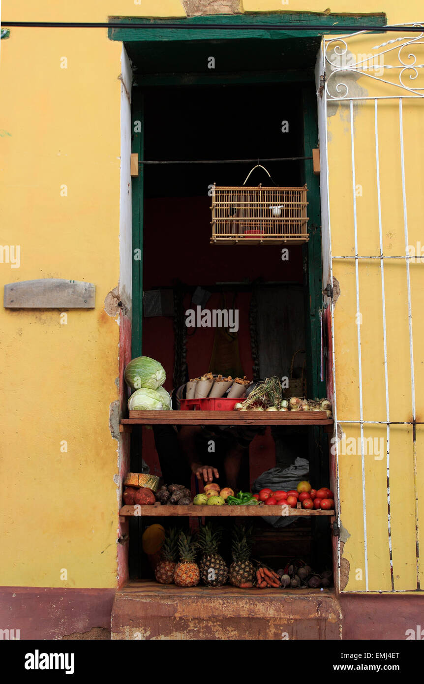 Scène de rue maisons colorées petite boutique Trinidad Cuba Banque D'Images