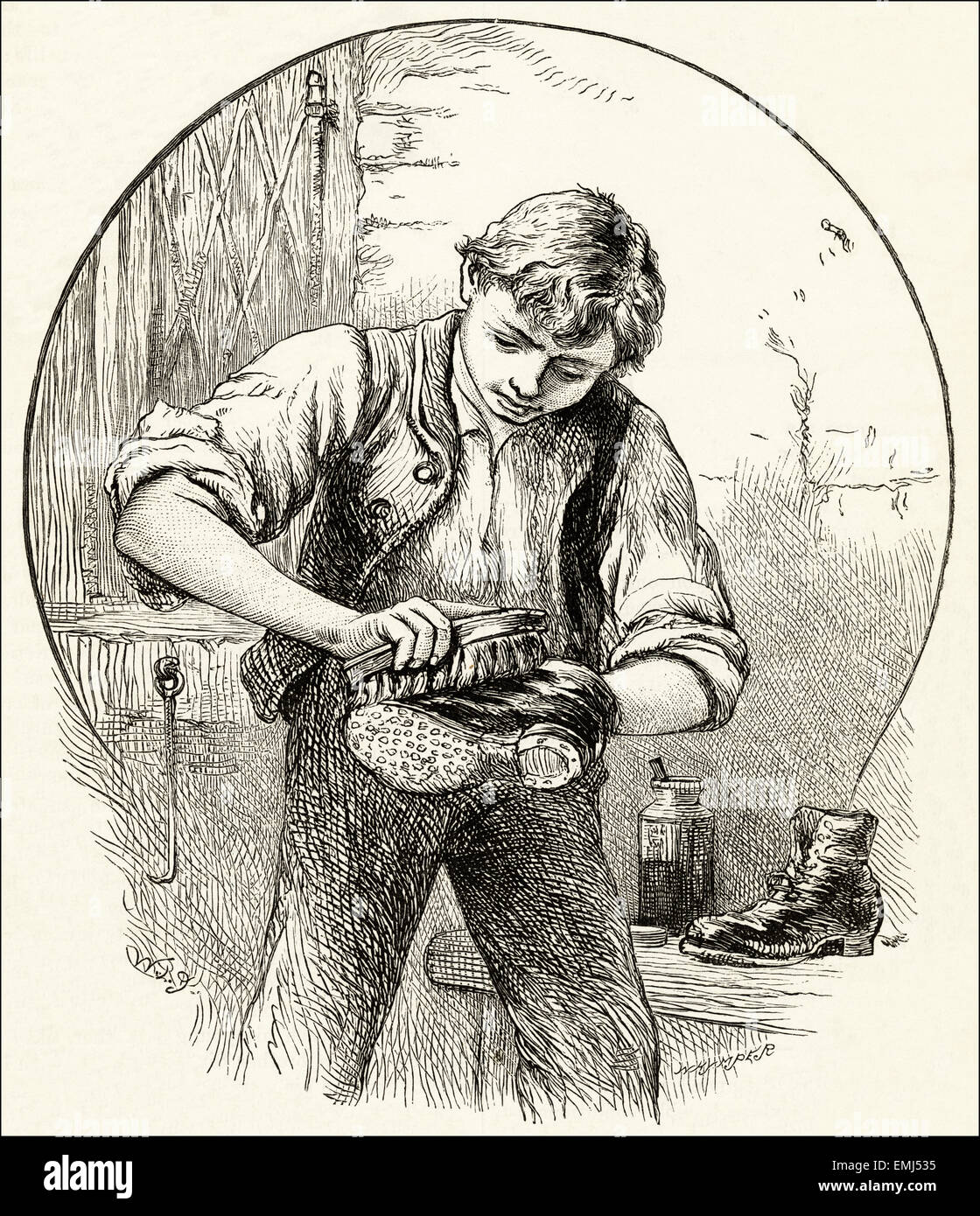 Garçon bottes de nettoyage. La gravure sur bois victorien du 1890 Banque D'Images