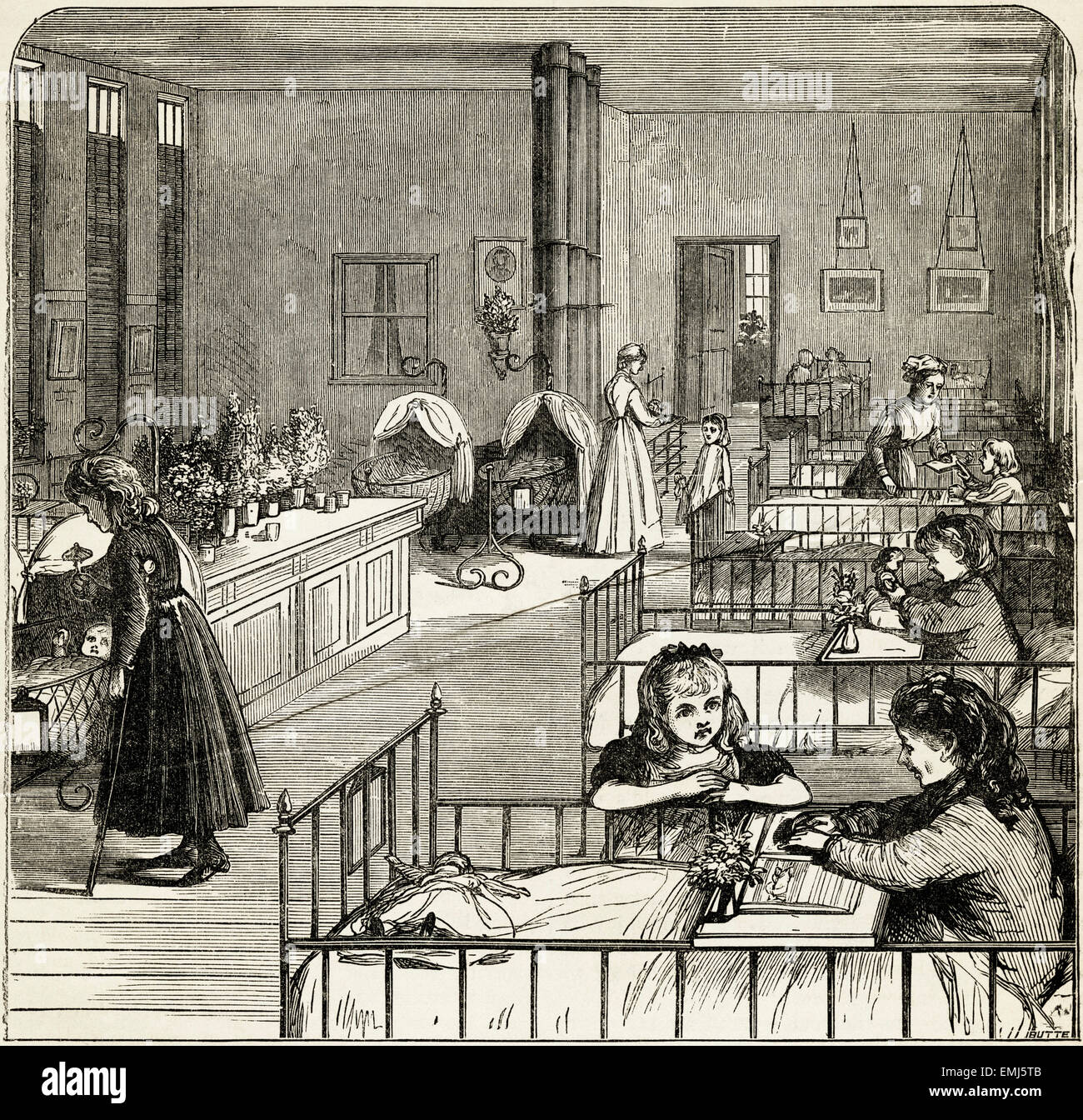 Salle de l'hôpital pour enfants. La gravure sur bois victorien du 1890 Banque D'Images