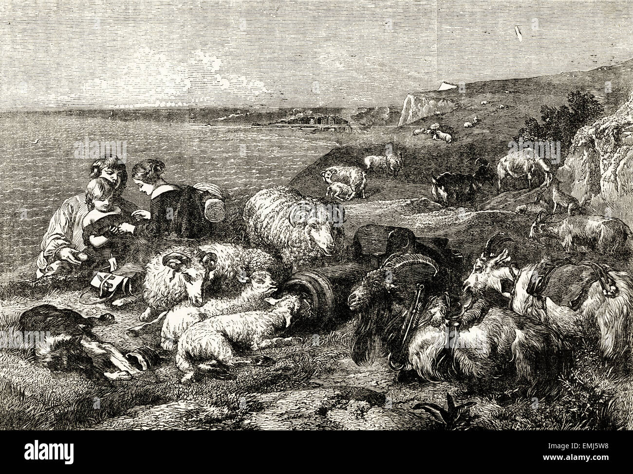 Gravure de peinture de scène de campagne par Sir Edwin Landseer. La gravure sur bois victorien du 1890 Banque D'Images