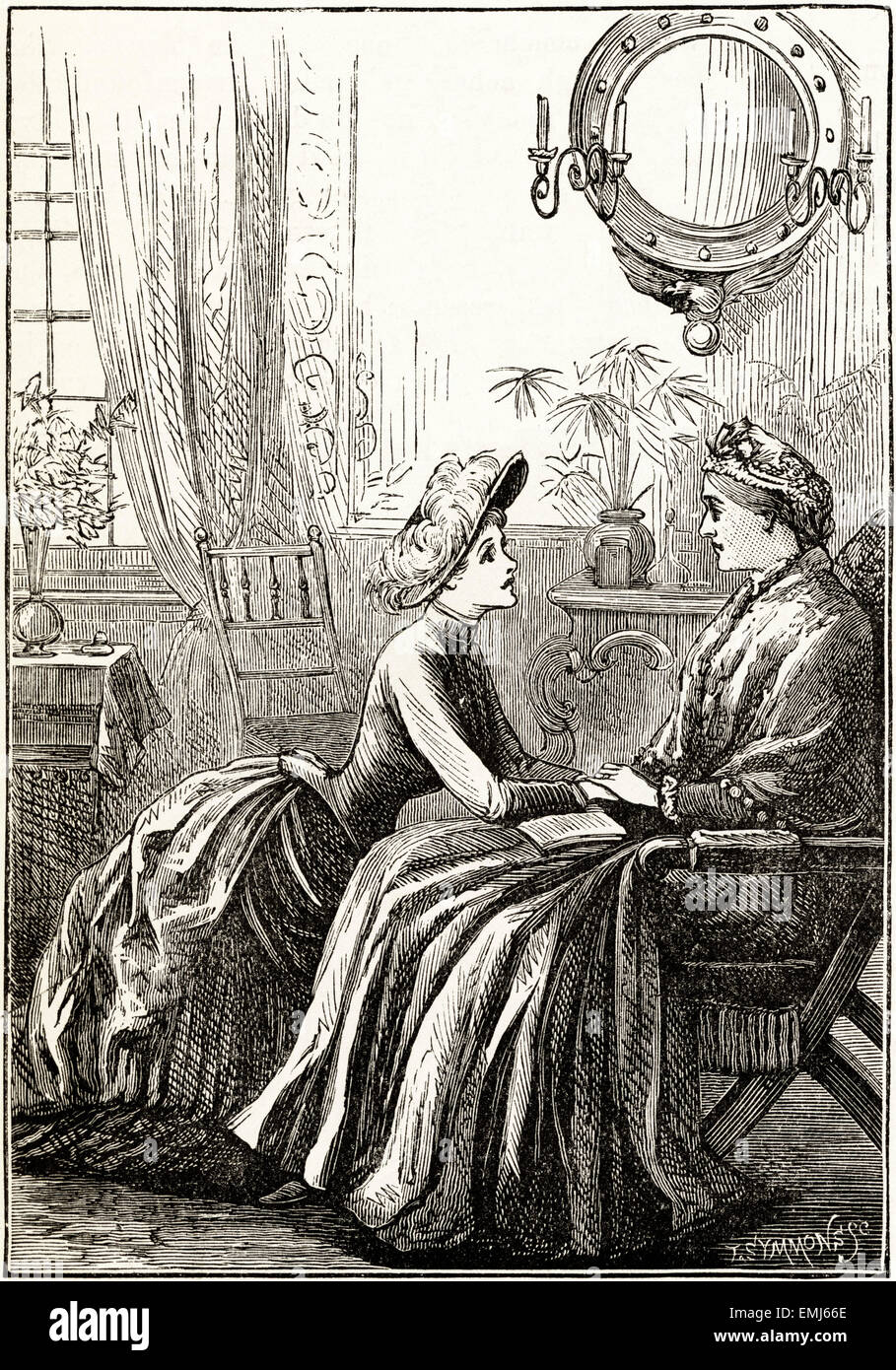 Femme parlant à sa mère dans le salon de la famille salon. La gravure sur bois victorien du 1890 Banque D'Images
