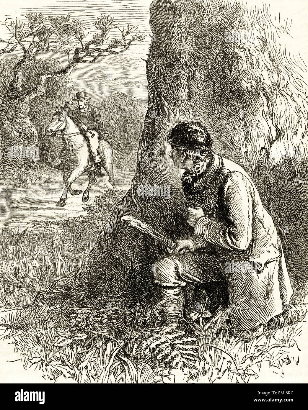 En attente d'cudgle avec voleur gentleman à cheval. La gravure sur bois victorien du 1890 Banque D'Images