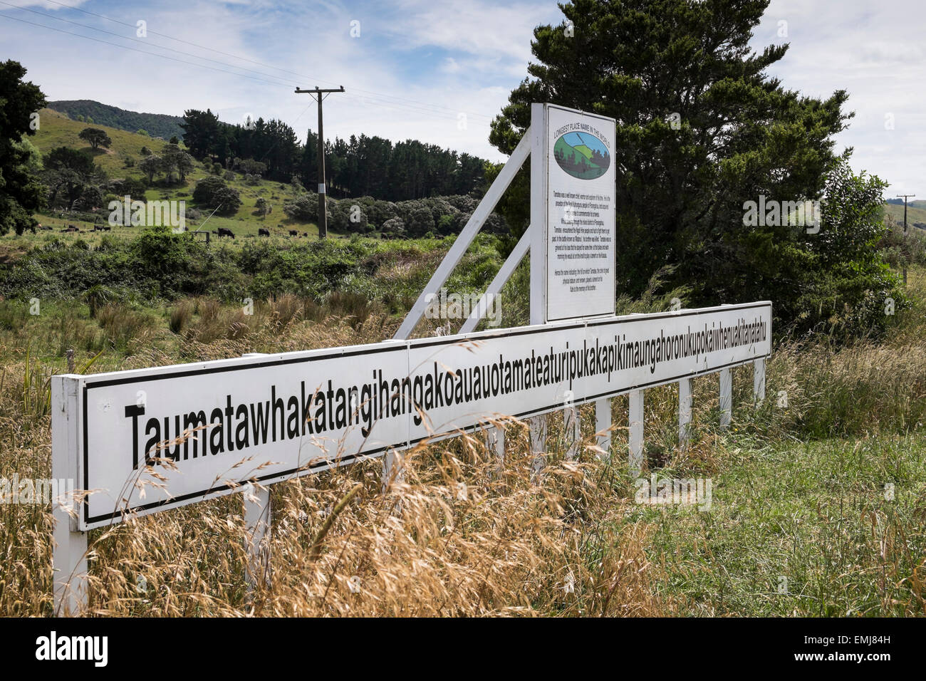 Taumatawhakatangihangakoauauotamateaturipukakapikimaungahoronukupokaiwhenuakitanatahu nom de lieu le plus long en Nouvelle Zélande Banque D'Images