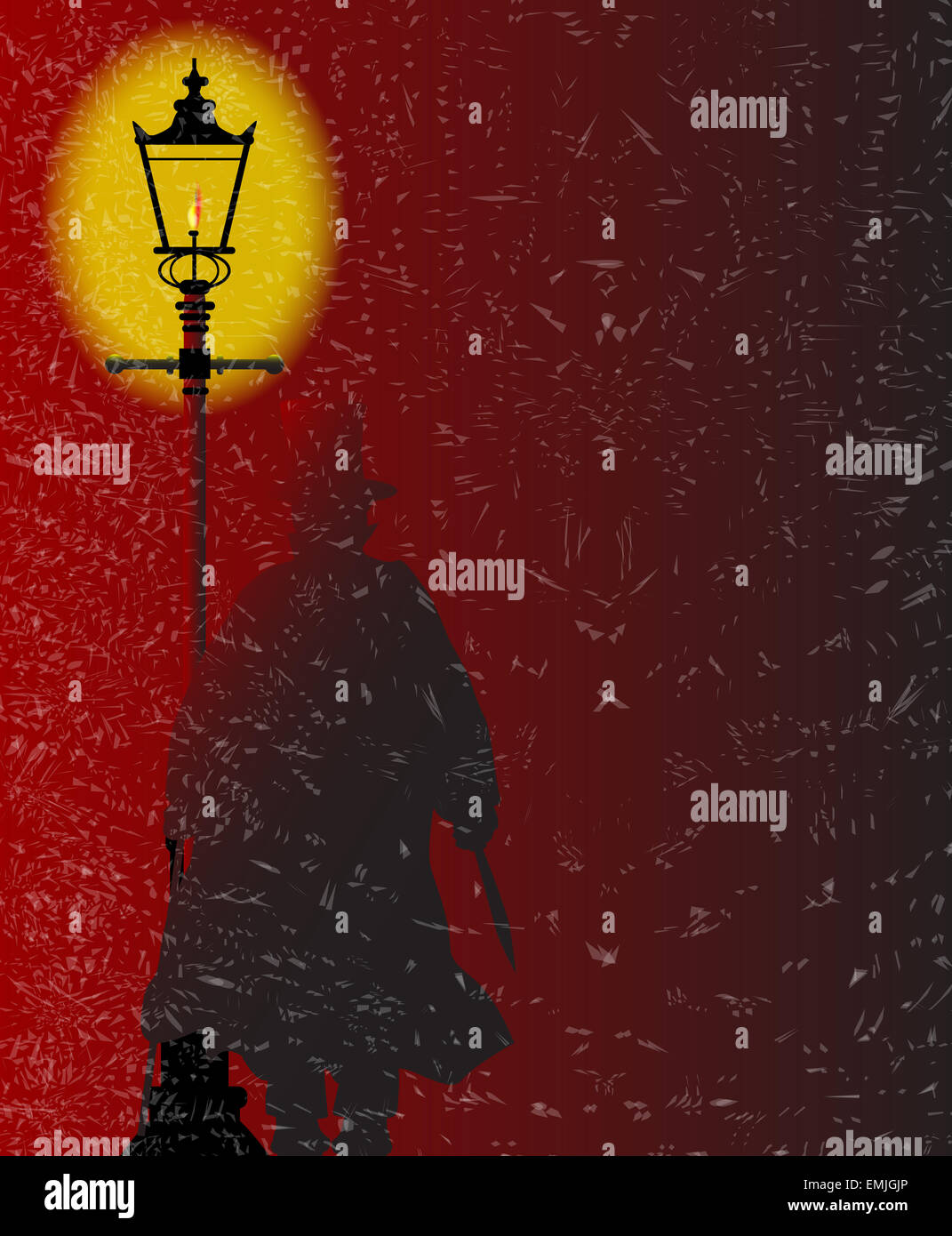 JAck l'Eventreur debout par une lumière à gaz au cours d'une tempête Banque D'Images