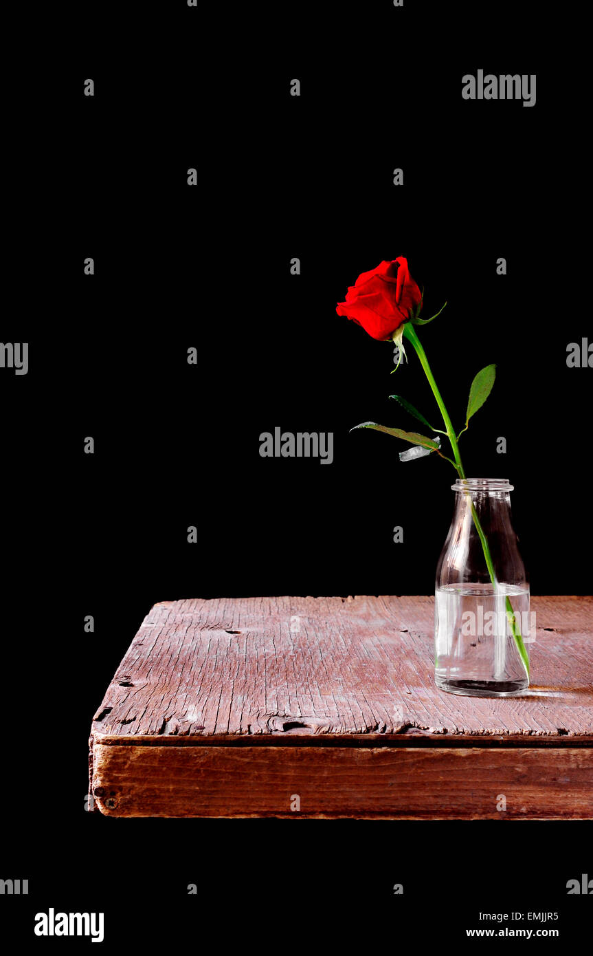 Une rose rouge dans un vase en verre placé sur une table en bois rustique, sur un arrière-plan noir Banque D'Images
