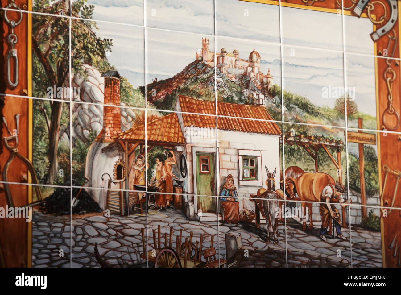 Carreaux peints, des azulejos, forgeron et château, Sintra, Portugal Banque D'Images