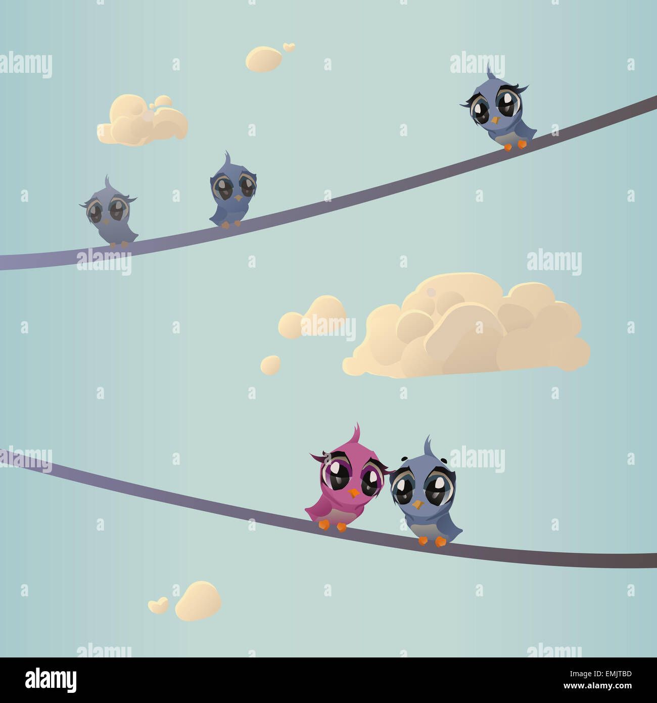 L'illustration des oiseaux sur les lignes électriques Banque D'Images