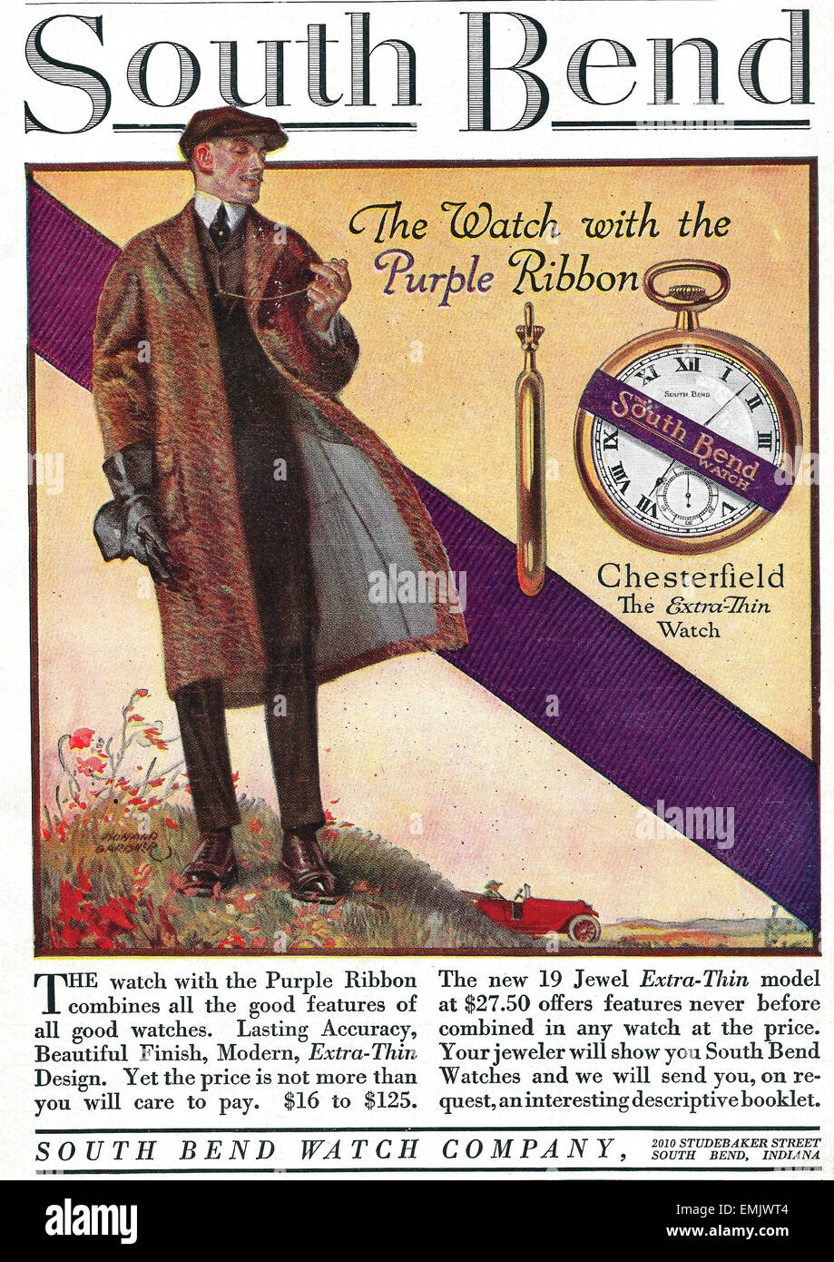 South Bend - la montre avec le ruban violet - 1916 Publicité Banque D'Images