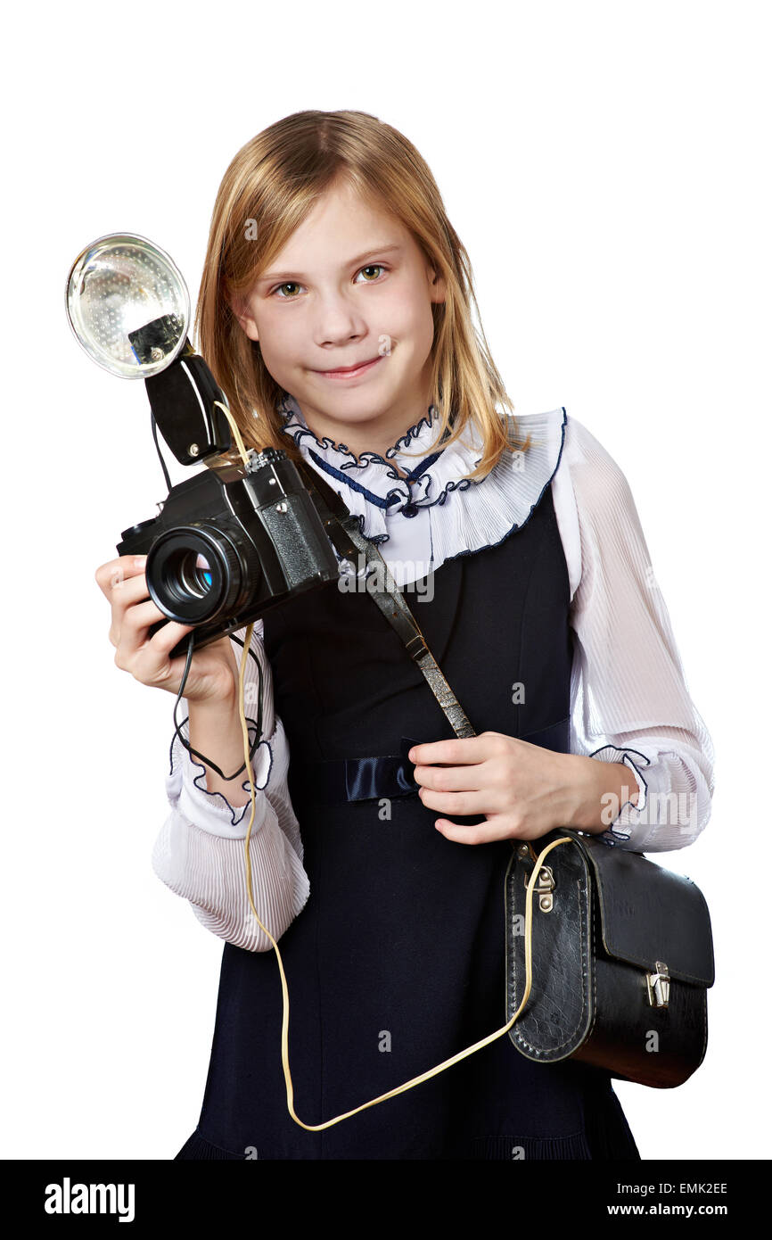 Girl reporter photographe avec appareil photo rétro et isolé flash Banque D'Images