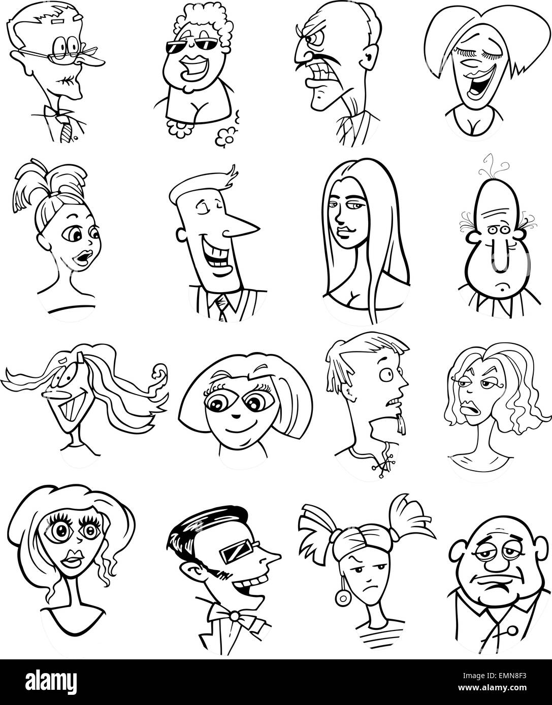 Illustration Cartoon noir et blanc de gens ensemble Visages Personnages Illustration de Vecteur