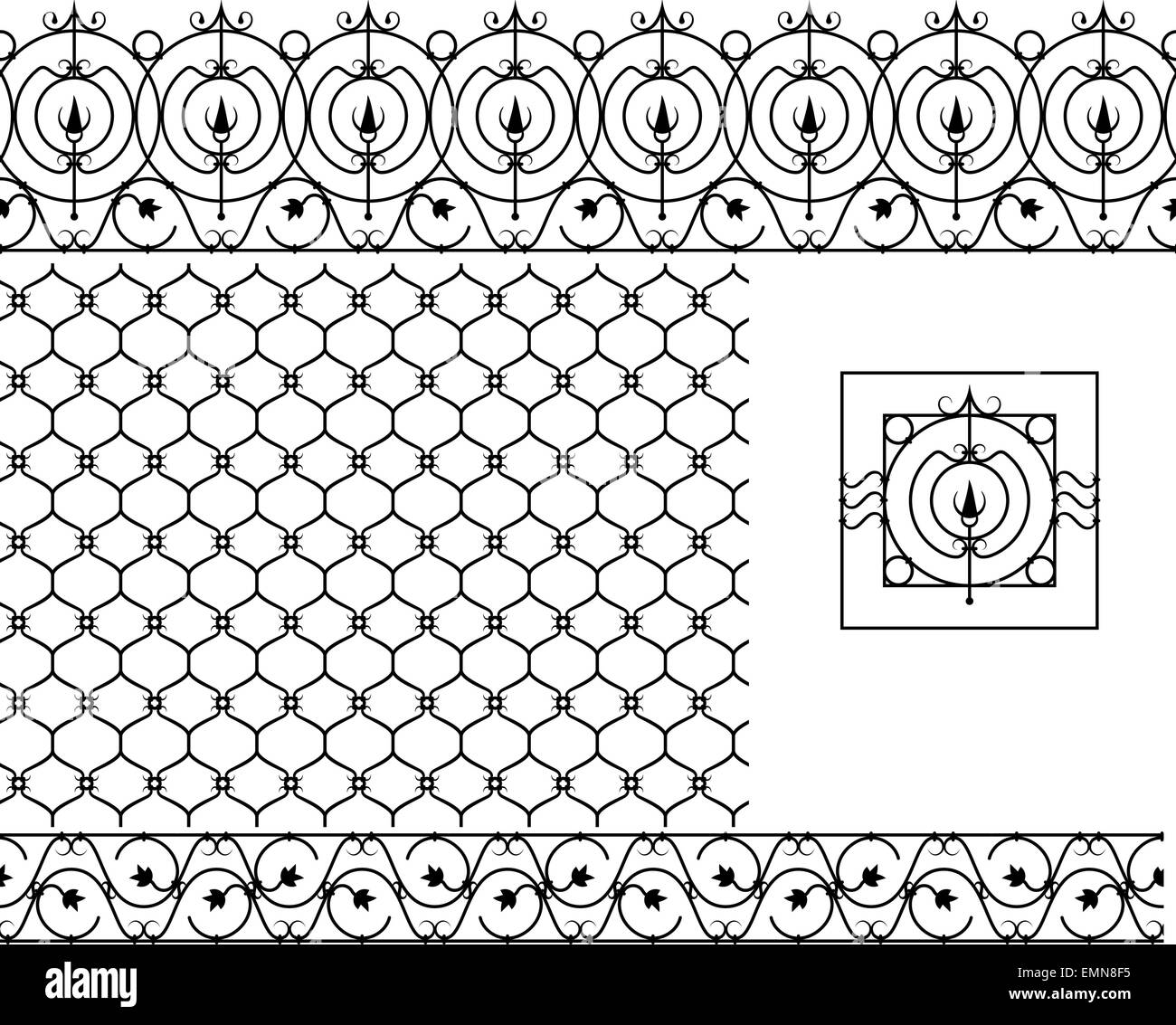 Les modèles sans couture pour rampe en fer forgé, grille, treillis, barrières, clôture. Silhouette noire Illustration de Vecteur