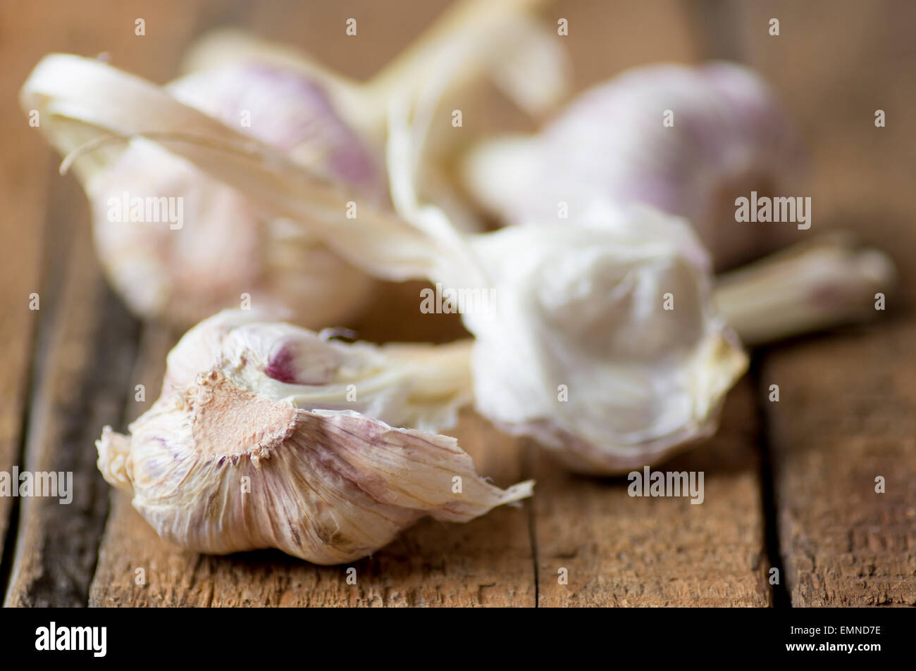 L'ail sec sur une planche en bois dans un style rustique Banque D'Images