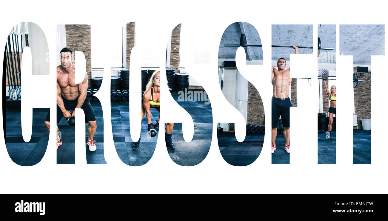 Conceptual collage de photos de sport dans la forme du mot crossfit Banque D'Images