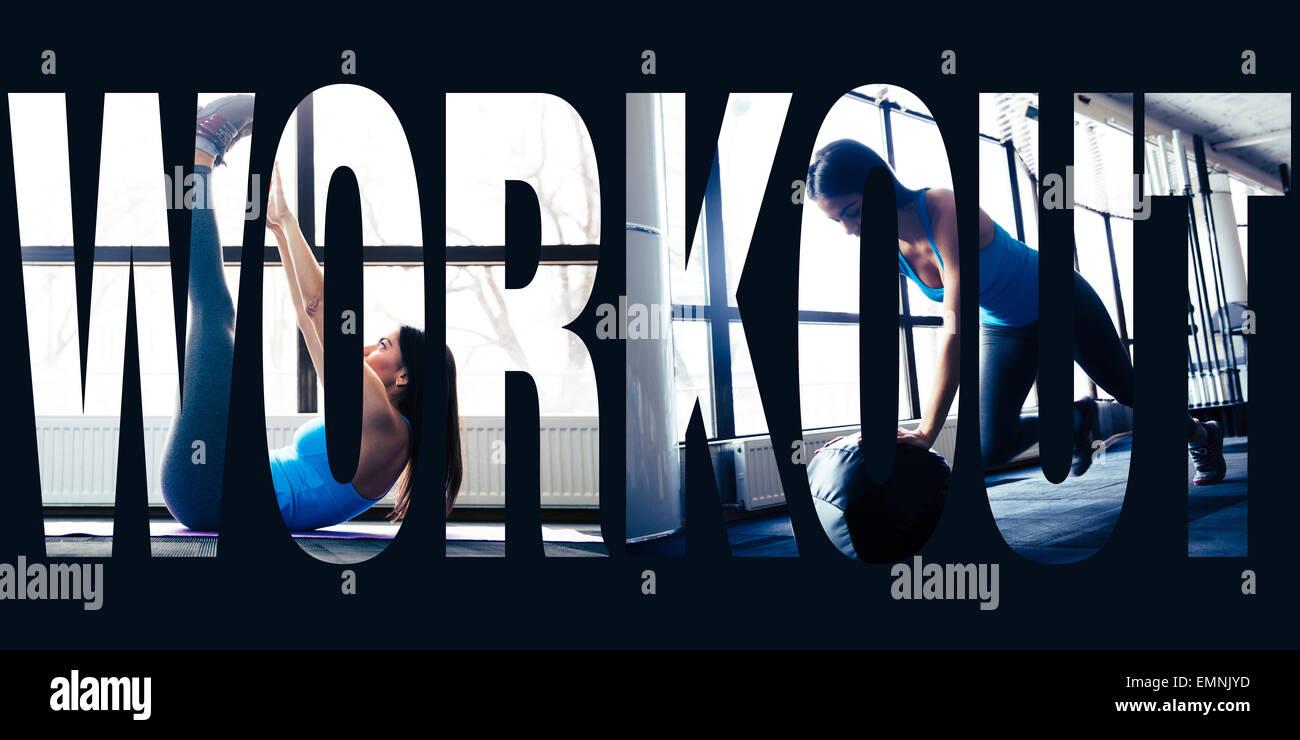 Conceptual collage de photos de sport dans la forme du mot workout Banque D'Images