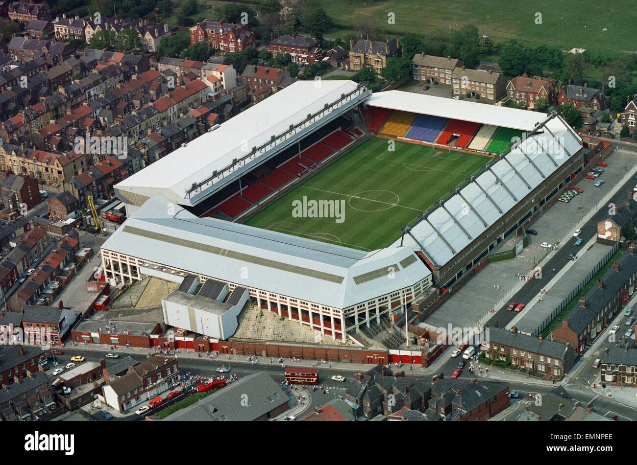 Photos aériennes de retour à la revue de la victoire pour les joueurs du Liverpool FC, après avoir remporté la finale de la coupe d'Angleterre, sur la photo 21 mai 1989. Anfield, accueil de Liverpool Football Club. Finale de la FA Cup 1989 Liverpool Everton 3-2 Banque D'Images