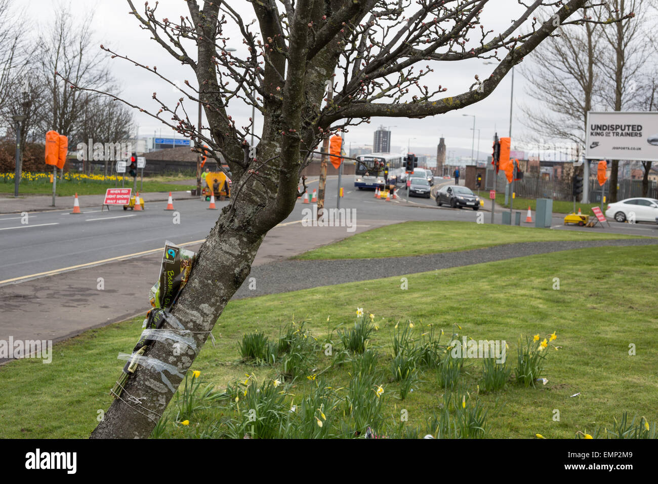 Fleurs en hommage et à la mémoire de quelqu'un qui est mort dans un lieu public, possible accident de la route, Glasgow, Ecosse. Banque D'Images