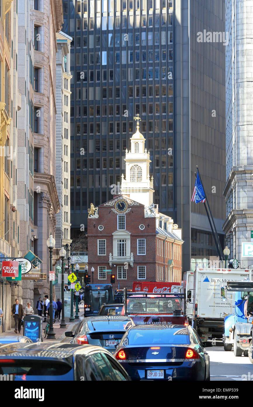 Boston Freedom Trail monument. Le Old State House site du massacre de Boston. Boston, Massachusetts. Banque D'Images