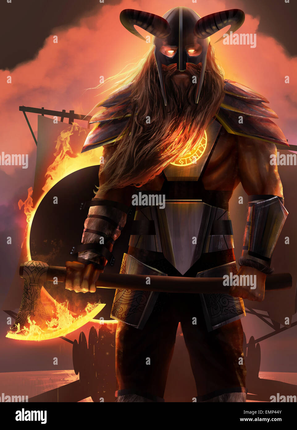 Dieu feu Viking debout avec ax. Banque D'Images
