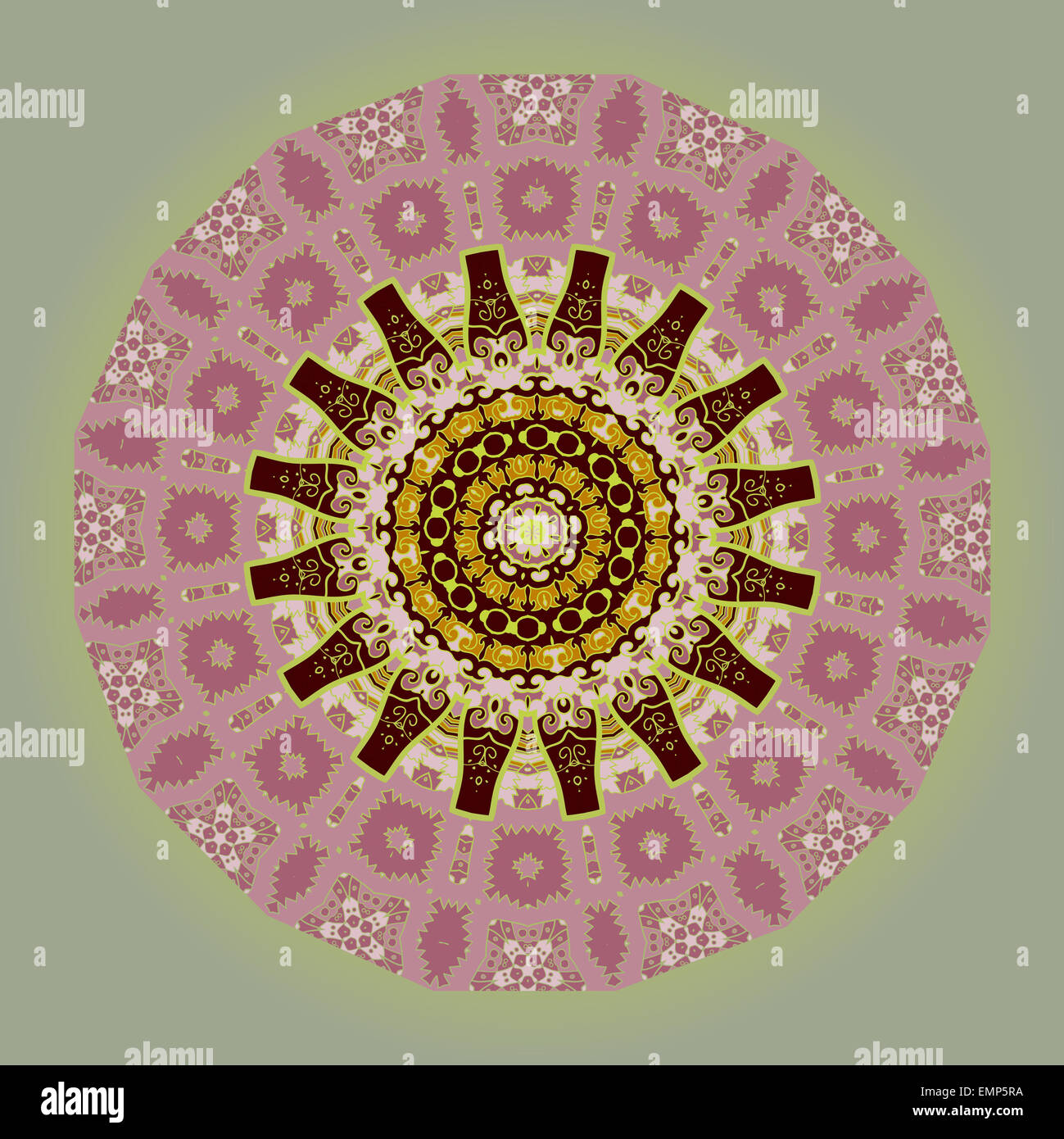 Mandala Oriental ronde motif Motif lase sur le fond vert, comme la peinture de mehndi ou flocon de lumière couleur violette. Ethnic Banque D'Images