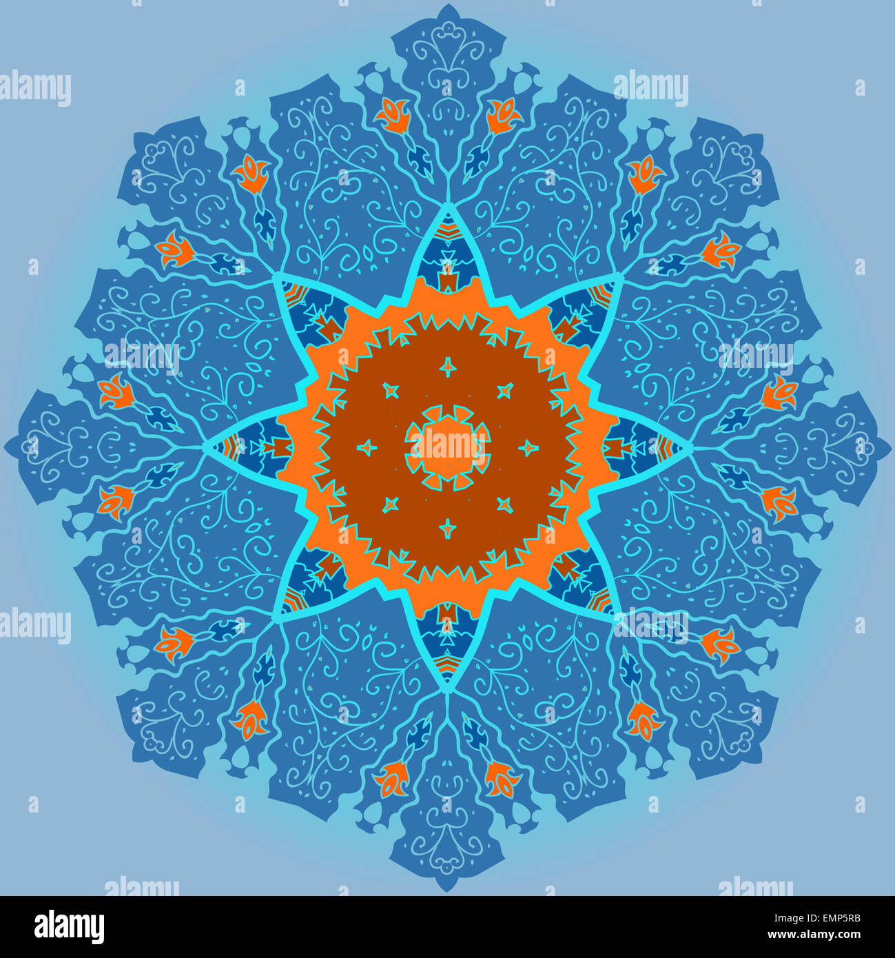 Mandala rond motif Oriental lase motif sur le fond bleu-clair, comme en peinture ou en flocon mehndi bleu et orange. Banque D'Images