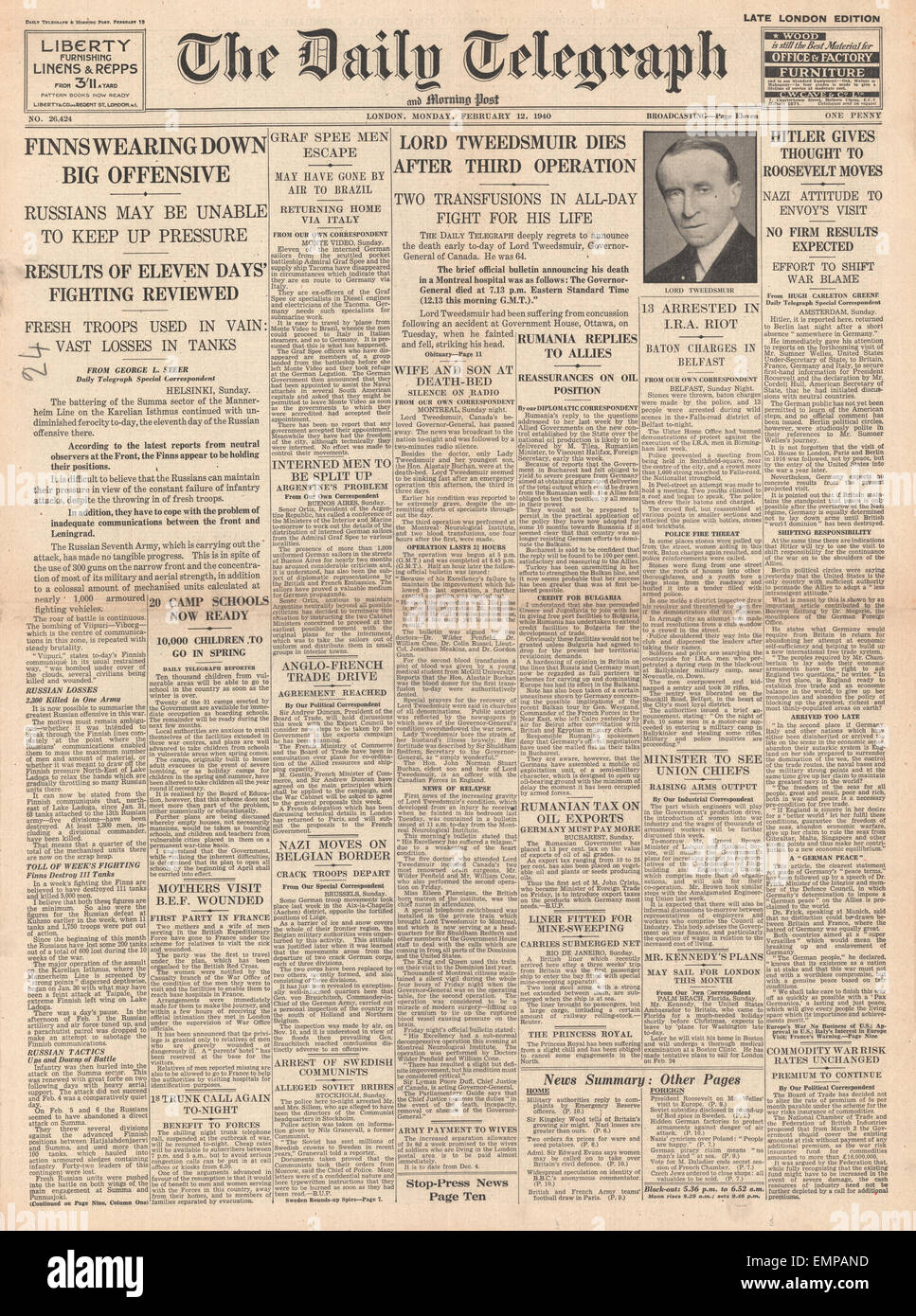 1940 front page Daily Telegraph bataille pour la Finlande décès de Lord Tweedsmuir Banque D'Images