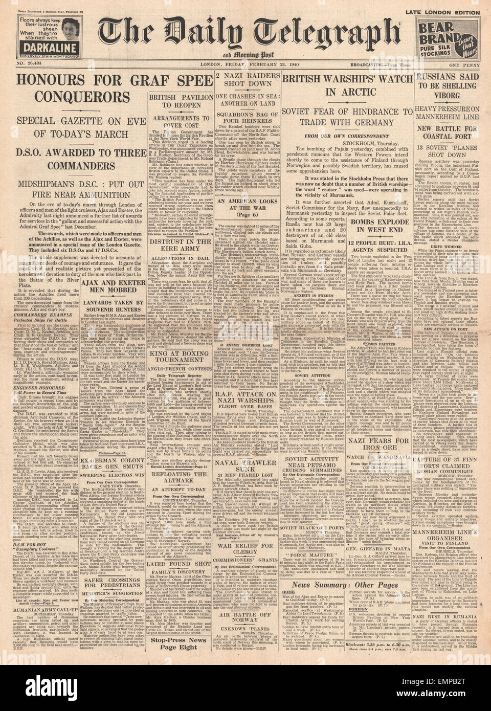 1940 front page Daily Telegraph Navy honoré pour la bataille de River Plate Banque D'Images