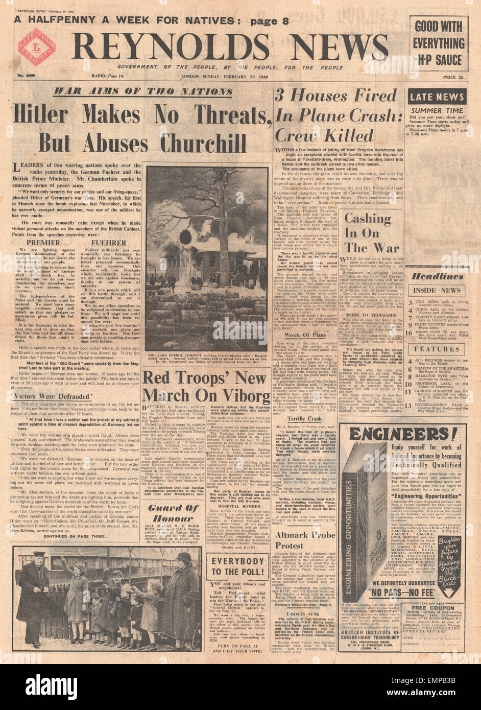 1940 Front Page News Reynolds abus Hitler Chuchill, les objectifs de guerre en discours Banque D'Images
