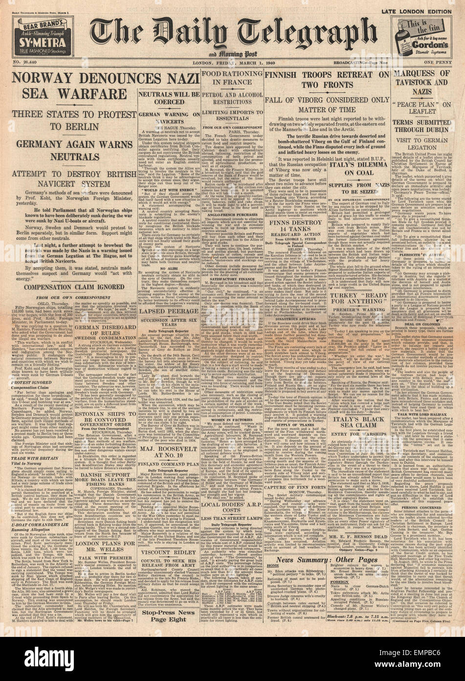 1940 front page Daily Telegraph Norvège dénonce la guerre maritime, Bataille pour la Finlande Marquis de Tavistock Banque D'Images