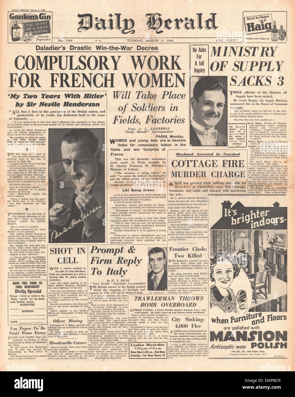 1940 front page Daily Herald trois hommes licenciés du ministère de l'approvisionnement, le Premier ministre français Daladier annonce une guerre obligatoire Banque D'Images