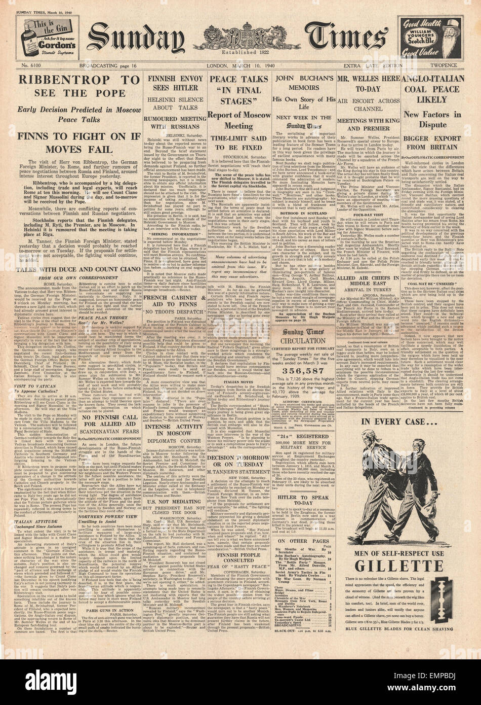 1940 front page Sunday Times von Ribbentrop pour rendre visite au Pape Banque D'Images