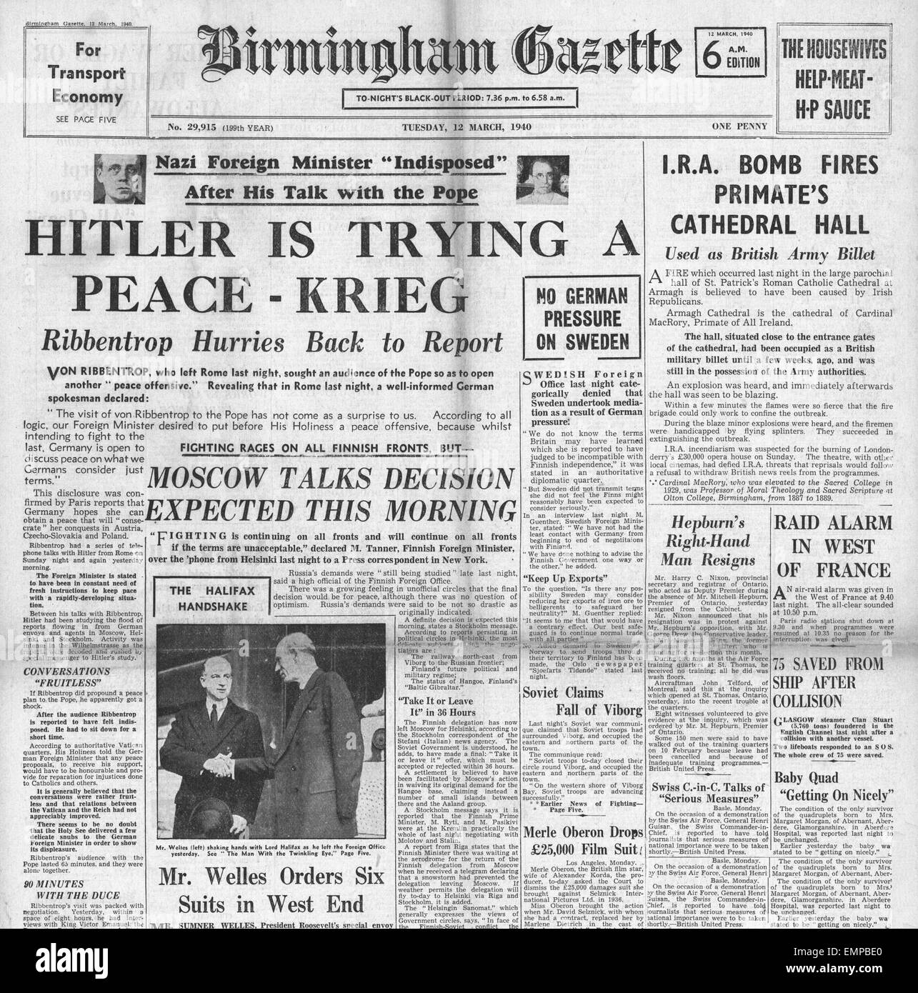 1940 Première page de la Gazette du Birmingham von Ribbentrop rapports sur Rome visite à Hitler Banque D'Images