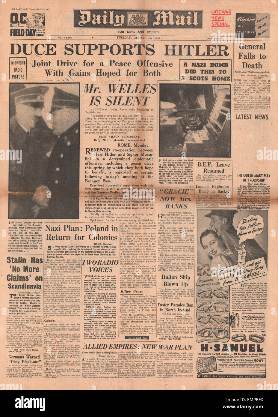 1940 front page Daily Mail Hitler Mussolini s'entendre sur un plan de paix Banque D'Images