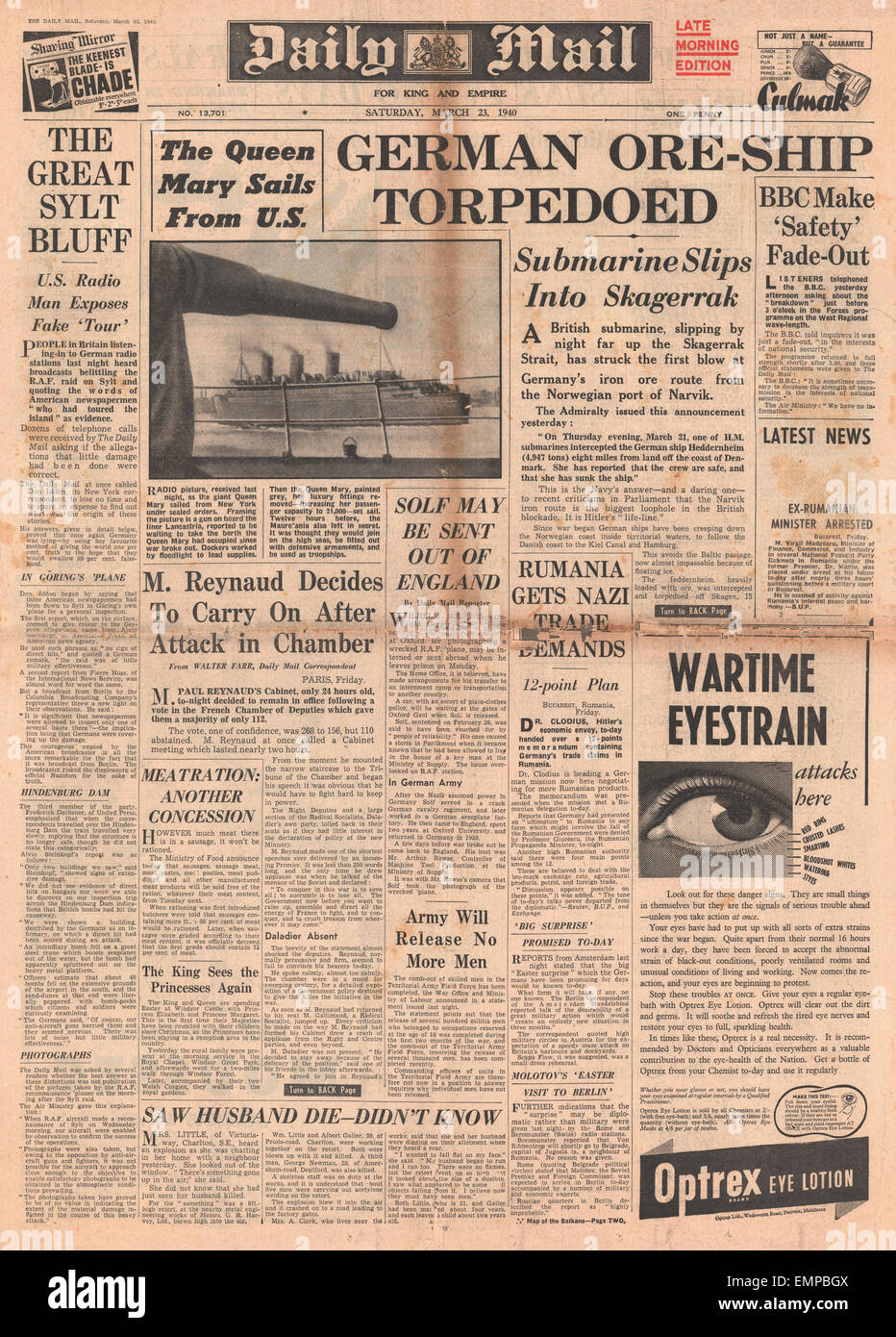 1940 front page Daily Mail minerai allemand Heddernheim navire torpillé au large de la côte danoise Liner Queen Mary quitte New York Banque D'Images