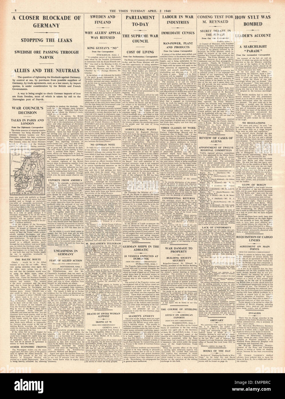 1940 page 8 la fois les gouvernements français britannique appel à un blocus de l'Allemagne dans l'industrie britannique et du travail Banque D'Images