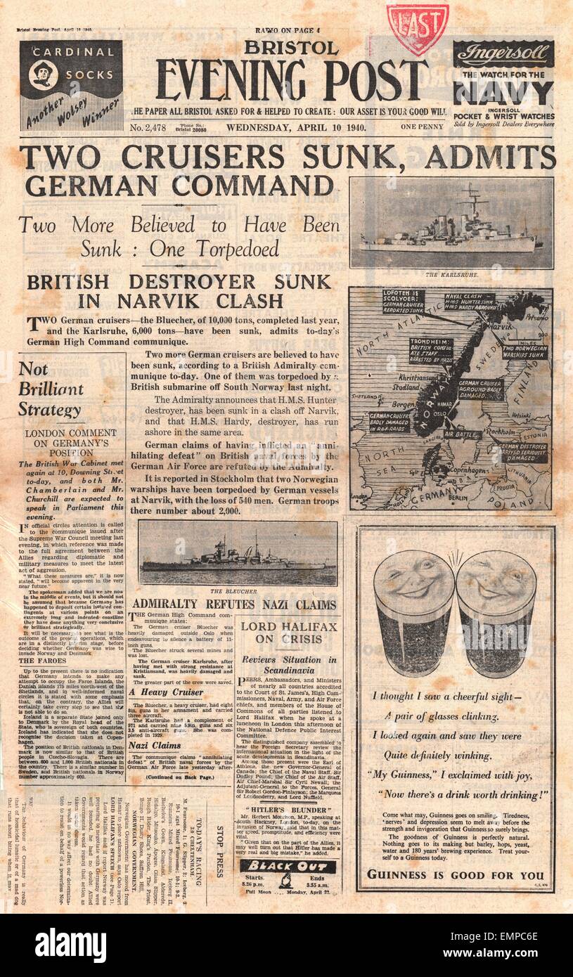 1940 front page Bristol Evening Post croiseurs allemands Blucher Karlsruhe coulé au large de la Norvège Banque D'Images